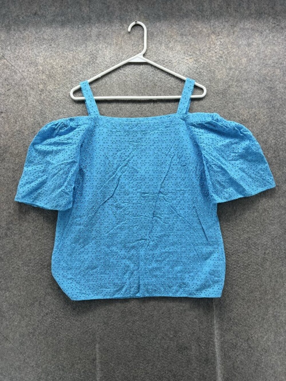 Lauren Ralph Lauren Blouse Women 12 Blue Square Neck Short Puff Sleeve Eyelet